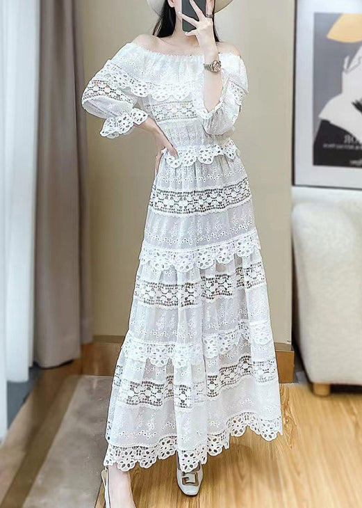 Neck Out Lace Set Pieces Two Slash Butterfly Hollow Stylish White