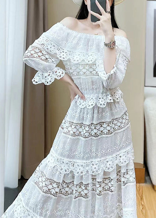 Neck Out Lace Set Pieces Two Slash Butterfly Hollow Stylish White