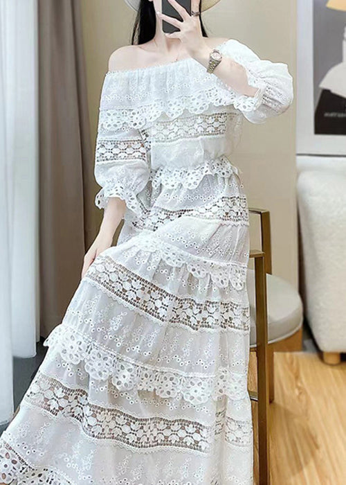 Neck Out Lace Set Pieces Two Slash Butterfly Hollow Stylish White