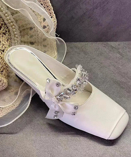 Slide Stylish Sandals Chunky White Zircon Splicing Bow