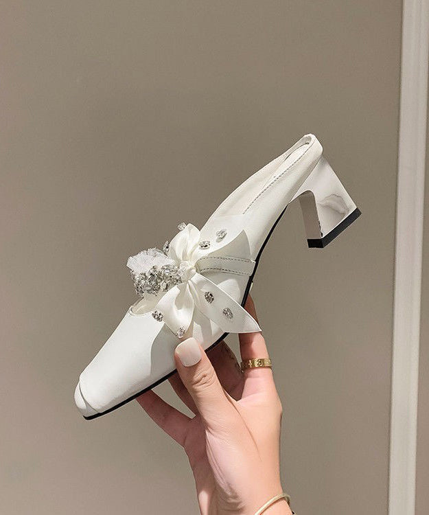 Slide Stylish Sandals Chunky White Zircon Splicing Bow