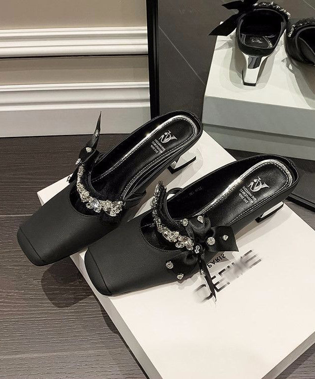 Slide Stylish Sandals Chunky White Zircon Splicing Bow