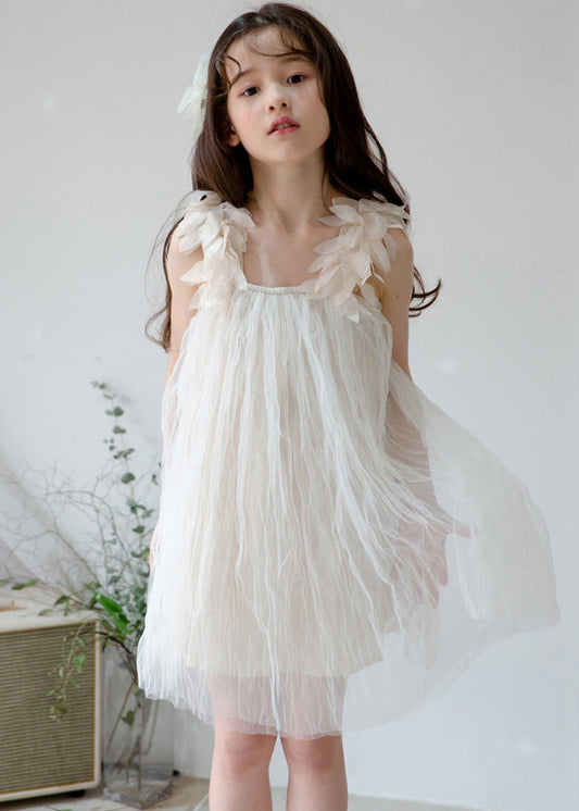 Stylish White Square Collar Solid Tulle Girls Dresses Sleeveless TT026