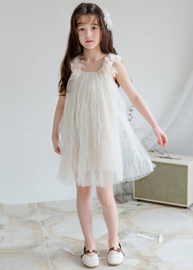 Stylish White Square Collar Solid Tulle Girls Dresses Sleeveless TT026