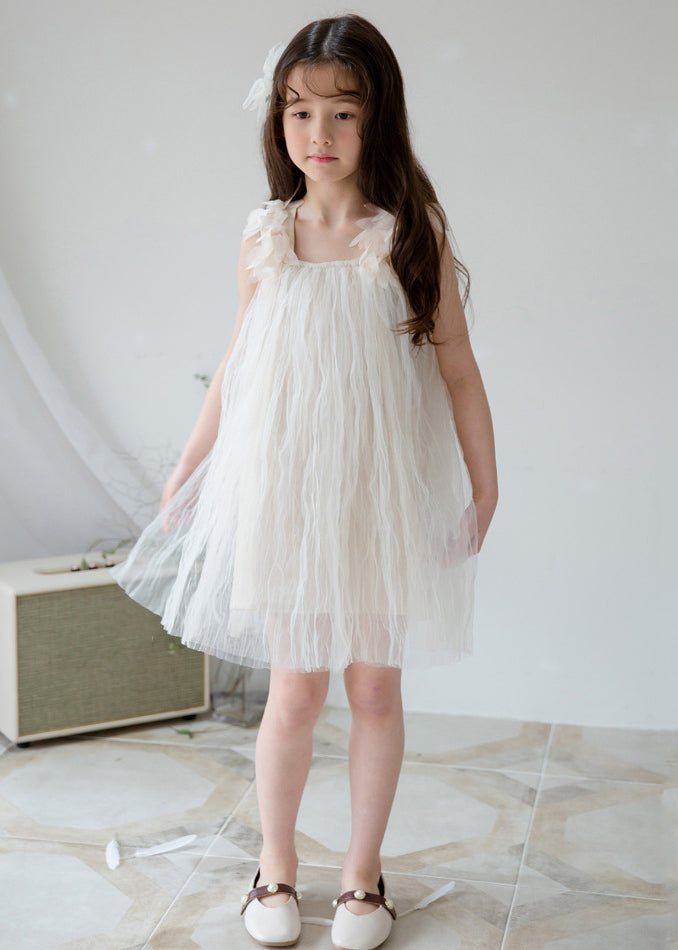 Stylish White Square Collar Solid Tulle Girls Dresses Sleeveless TT026