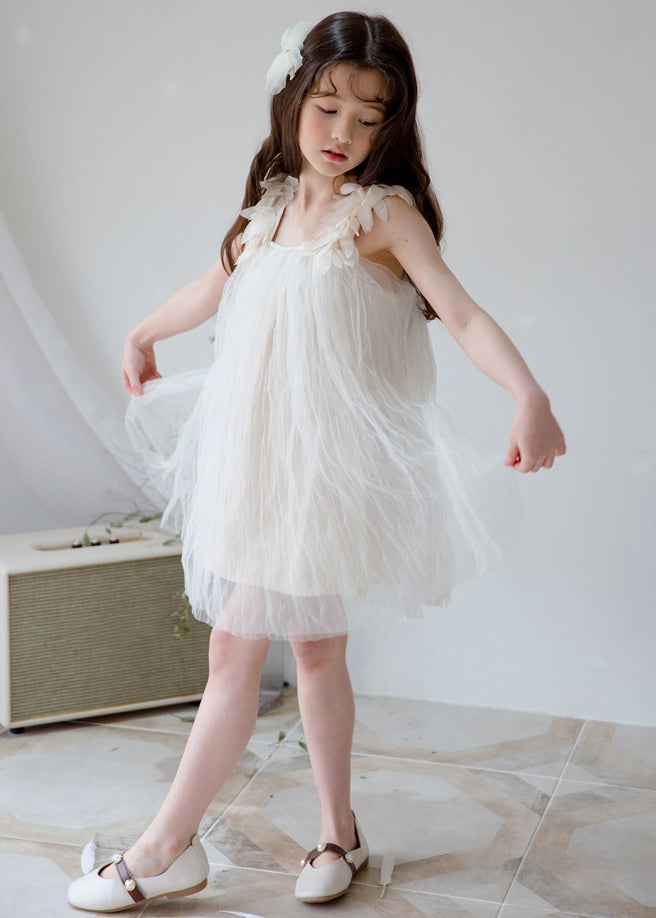 Stylish White Square Collar Solid Tulle Girls Dresses Sleeveless TT026