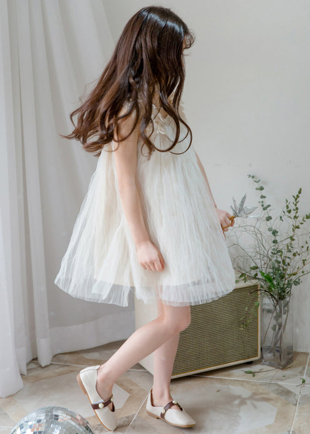 Stylish White Square Collar Solid Tulle Girls Dresses Sleeveless TT026