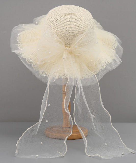Floppy Straw Woven Tulle Bow Sun White Hat Stylish