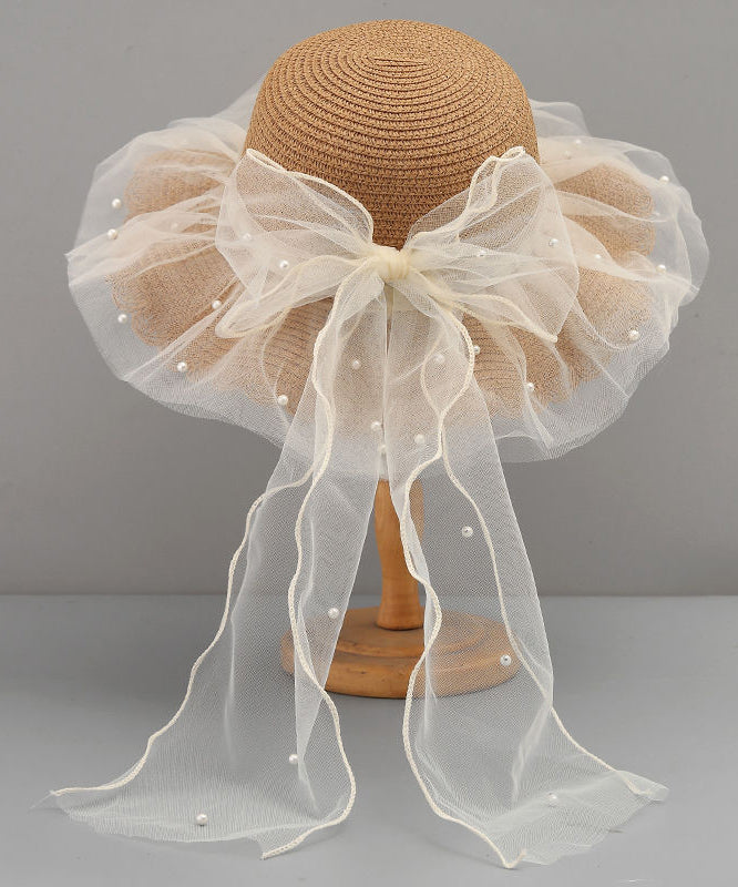 Floppy Straw Woven Tulle Bow Sun White Hat Stylish