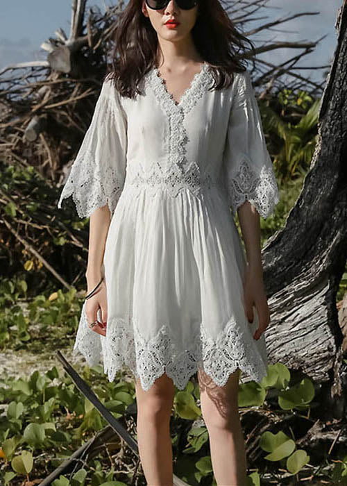 White Half Stylish Patchwork Dress Lace Mid Sleeve Neck V