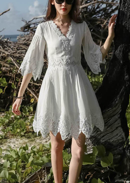 White Half Stylish Patchwork Dress Lace Mid Sleeve Neck V