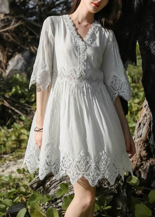 White Half Stylish Patchwork Dress Lace Mid Sleeve Neck V