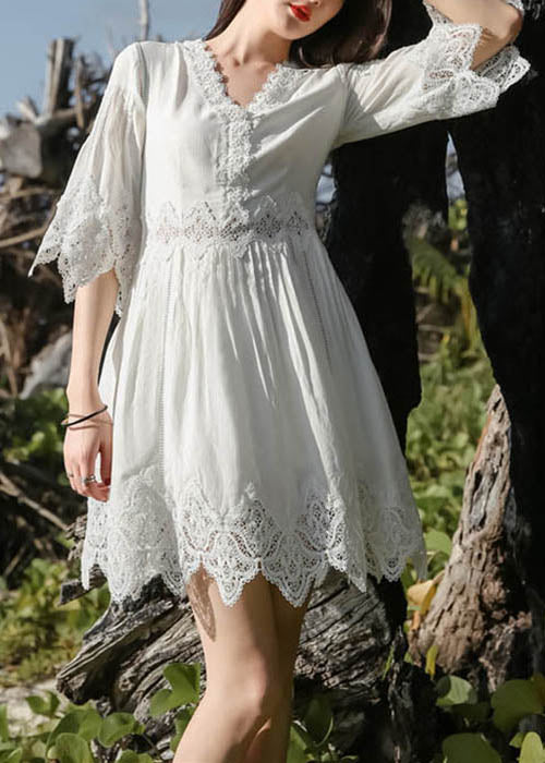 White Half Stylish Patchwork Dress Lace Mid Sleeve Neck V