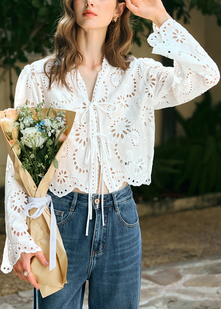 Spring Hollow Up V Stylish Lace Out Shirt Cotton Neck White