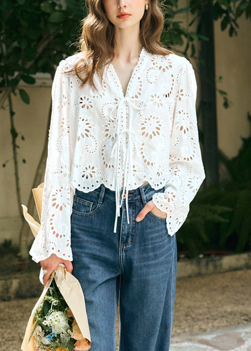 Spring Hollow Up V Stylish Lace Out Shirt Cotton Neck White