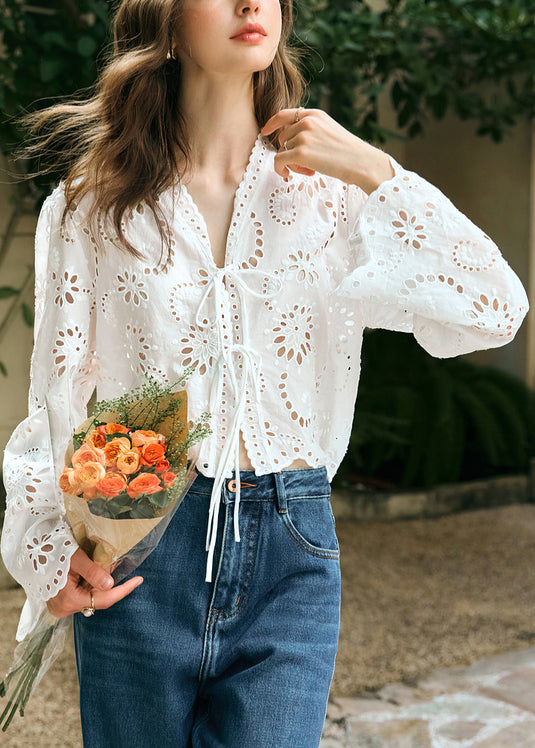 Spring Hollow Up V Stylish Lace Out Shirt Cotton Neck White