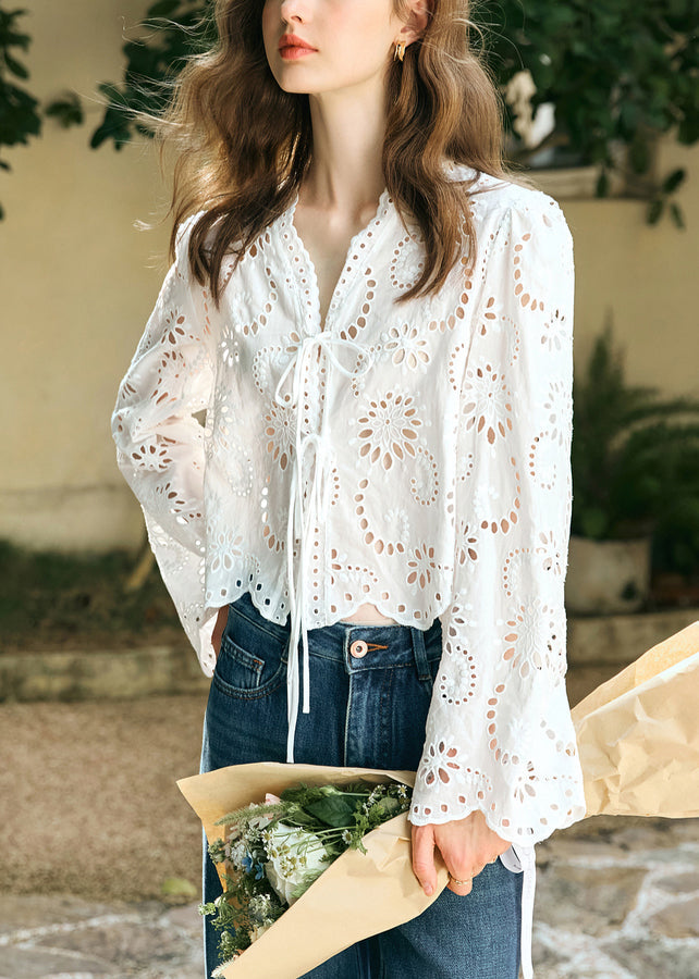 Spring Hollow Up V Stylish Lace Out Shirt Cotton Neck White