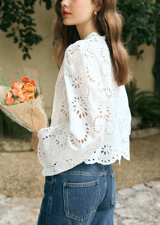 Spring Hollow Up V Stylish Lace Out Shirt Cotton Neck White