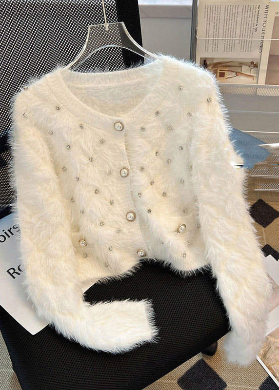 Stylish White Zircon Warm Fuzzy Fur Fluffy Cardigan Spring YH011