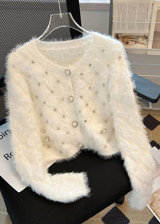 Stylish White Zircon Warm Fuzzy Fur Fluffy Cardigan Spring YH011