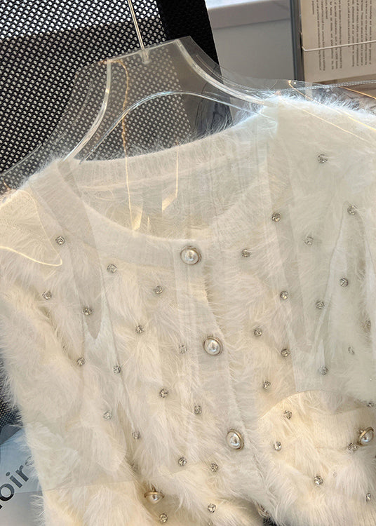 Stylish White Zircon Warm Fuzzy Fur Fluffy Cardigan Spring YH011
