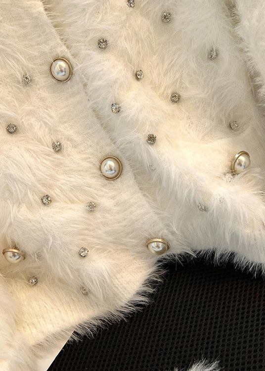 Stylish White Zircon Warm Fuzzy Fur Fluffy Cardigan Spring YH011