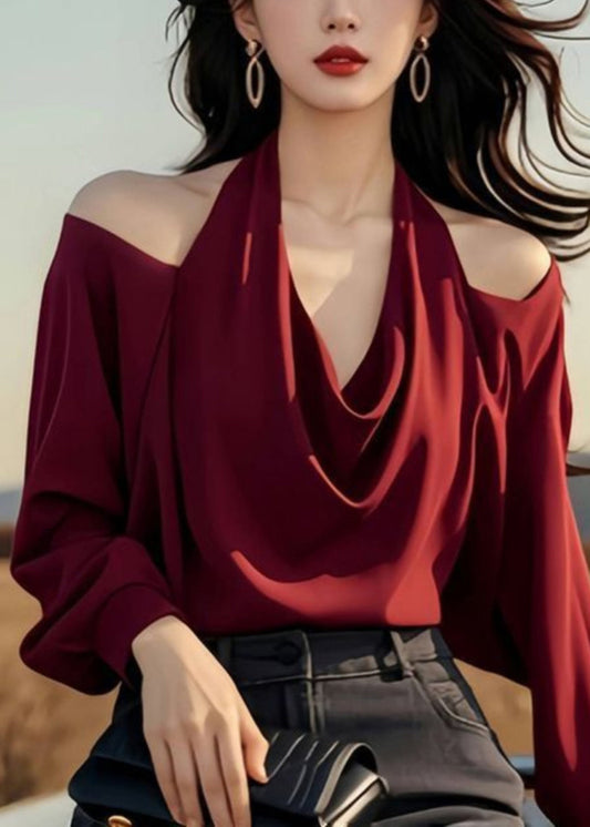 Red Wine Spring Original Cold Solid Design Stylish Shoulder Tops