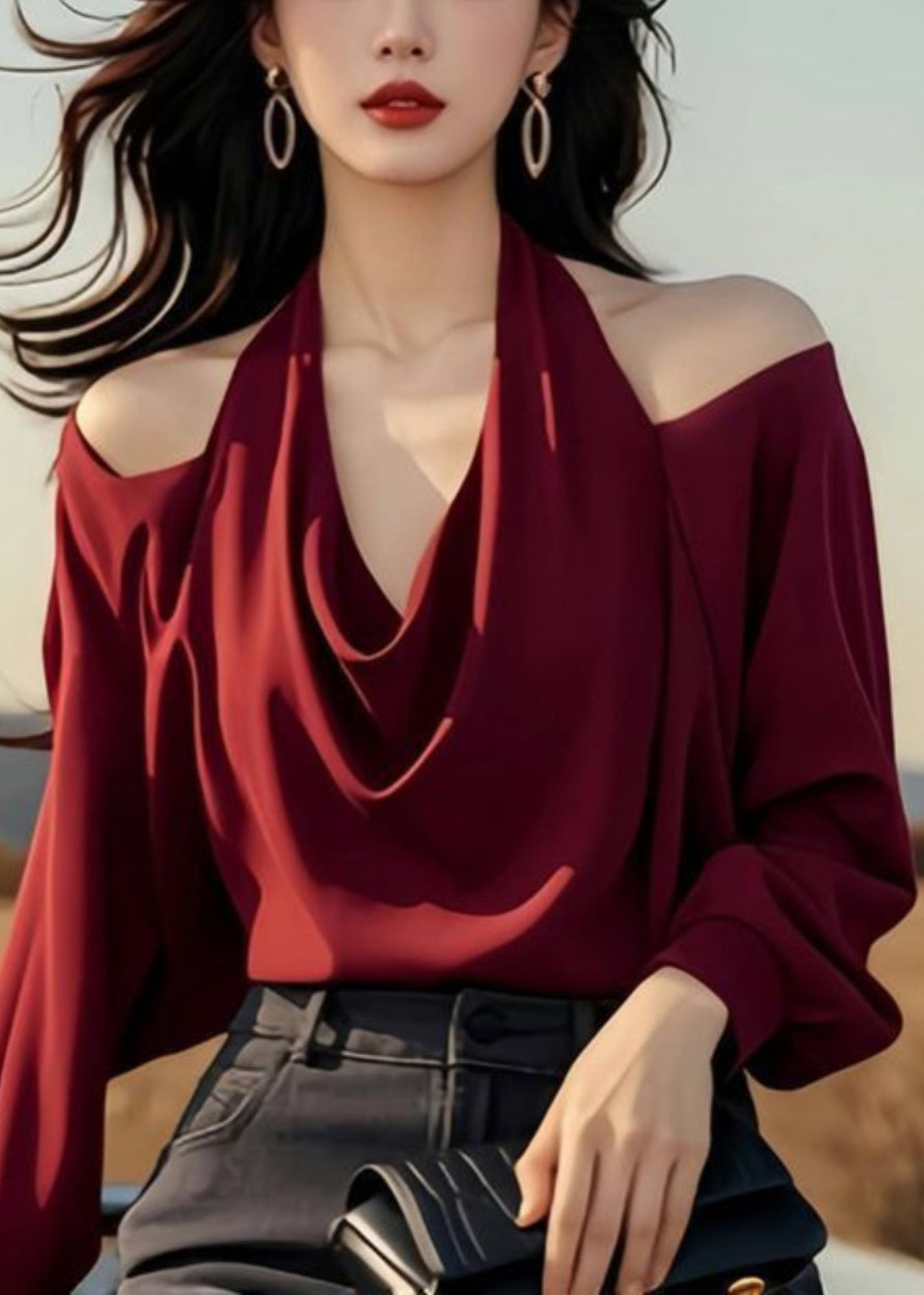 Red Wine Spring Original Cold Solid Design Stylish Shoulder Tops