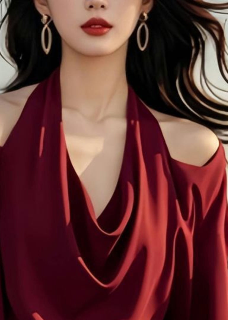 Red Wine Spring Original Cold Solid Design Stylish Shoulder Tops