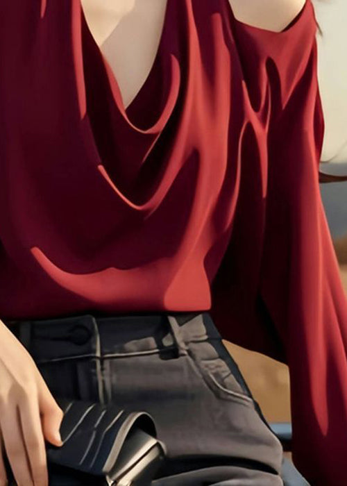 Red Wine Spring Original Cold Solid Design Stylish Shoulder Tops