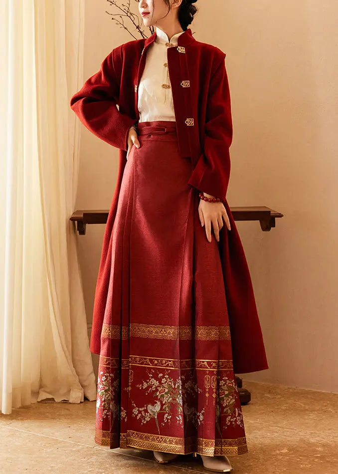 Stylish Wine Red Stand Collar Tie Waist Woolen Long Coats Fall Ada Fashion