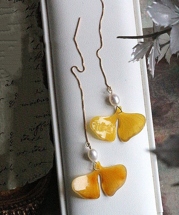 Boucles d'oreilles pendantes élégantes en or jaune 14 carats avec perles et pampilles en forme de feuille de ginkgo GH1070