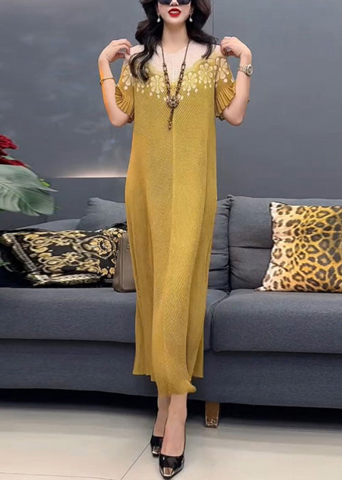 O-Neck Cotton Print Long Yellow Dress Summer Stylish