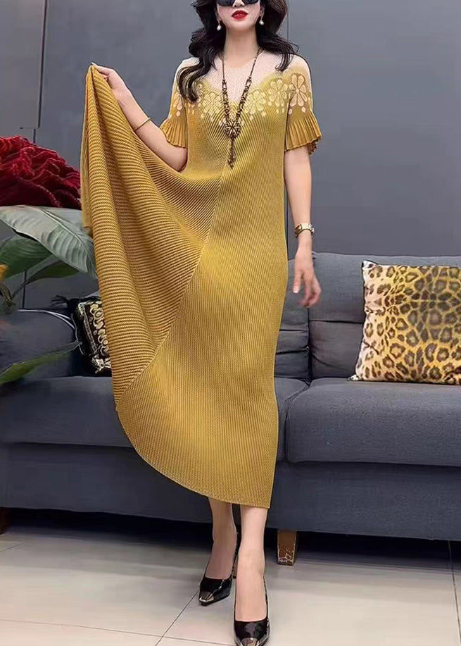 O-Neck Cotton Print Long Yellow Dress Summer Stylish