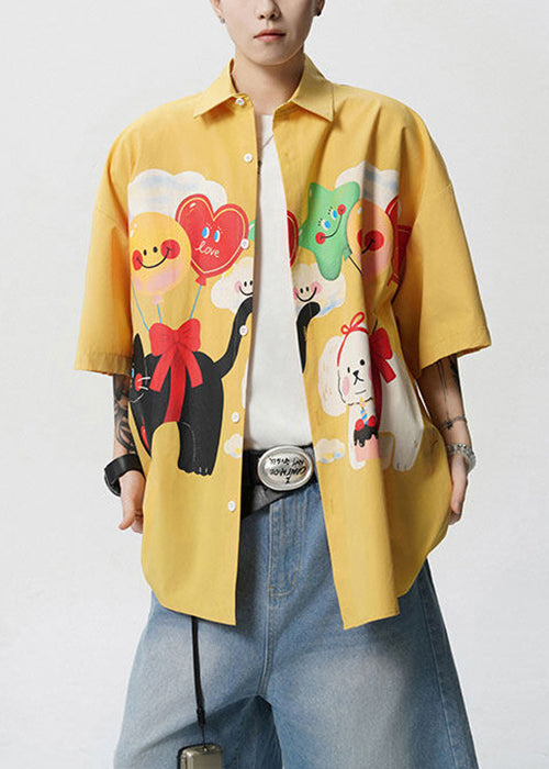 Mens Pan Print Stylish Cotton Collar Shirts Peter Button Yellow