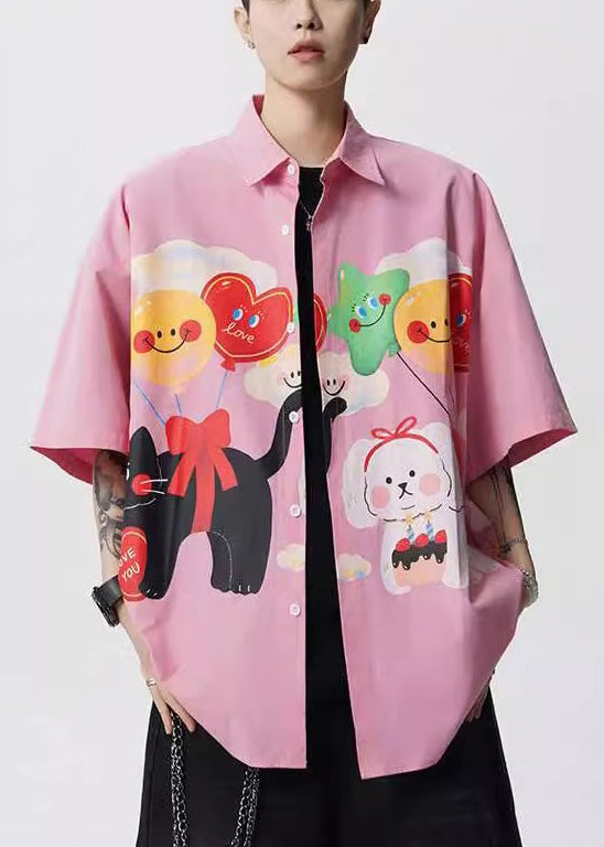 Mens Pan Print Stylish Cotton Collar Shirts Peter Button Yellow