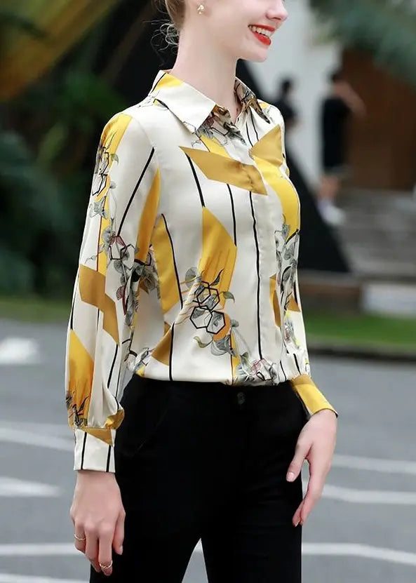 Stylish Yellow Peter Pan Collar Print Silk Shirt Long Sleeve Ada Fashion