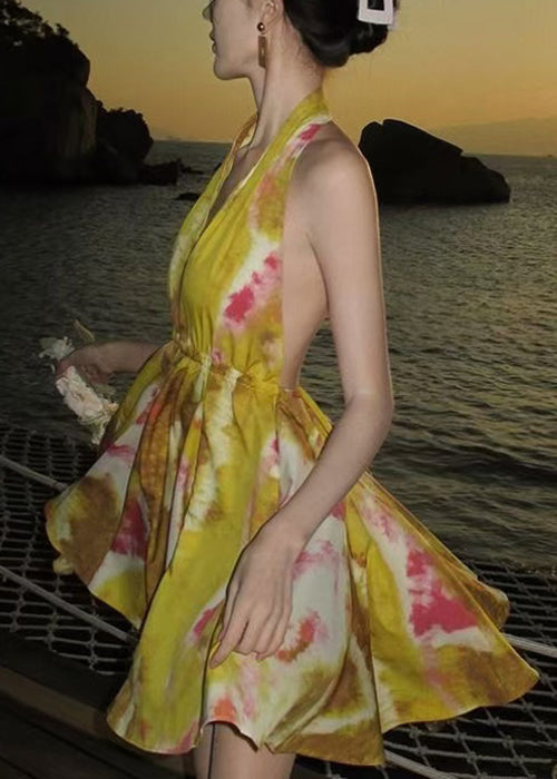 Mini Backless Stylish Print Up Yellow Lace Dresses Chiffon