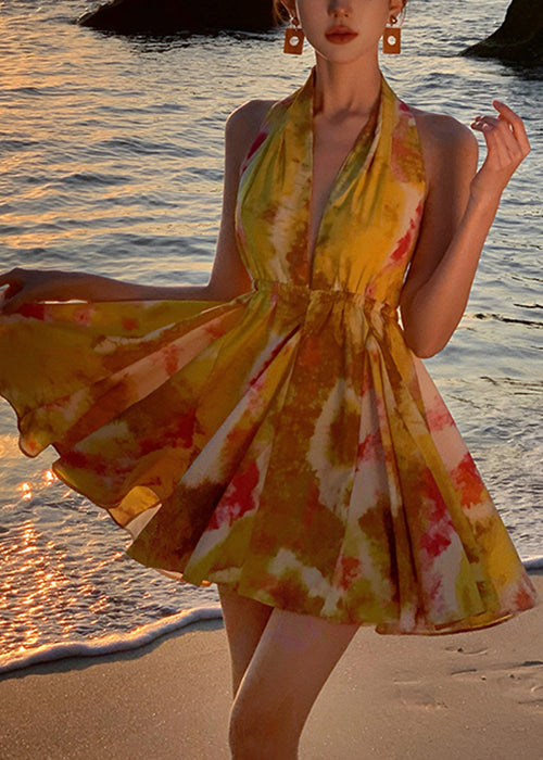 Mini Backless Stylish Print Up Yellow Lace Dresses Chiffon