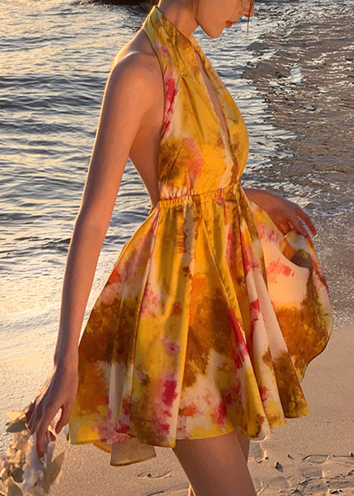 Mini Backless Stylish Print Up Yellow Lace Dresses Chiffon