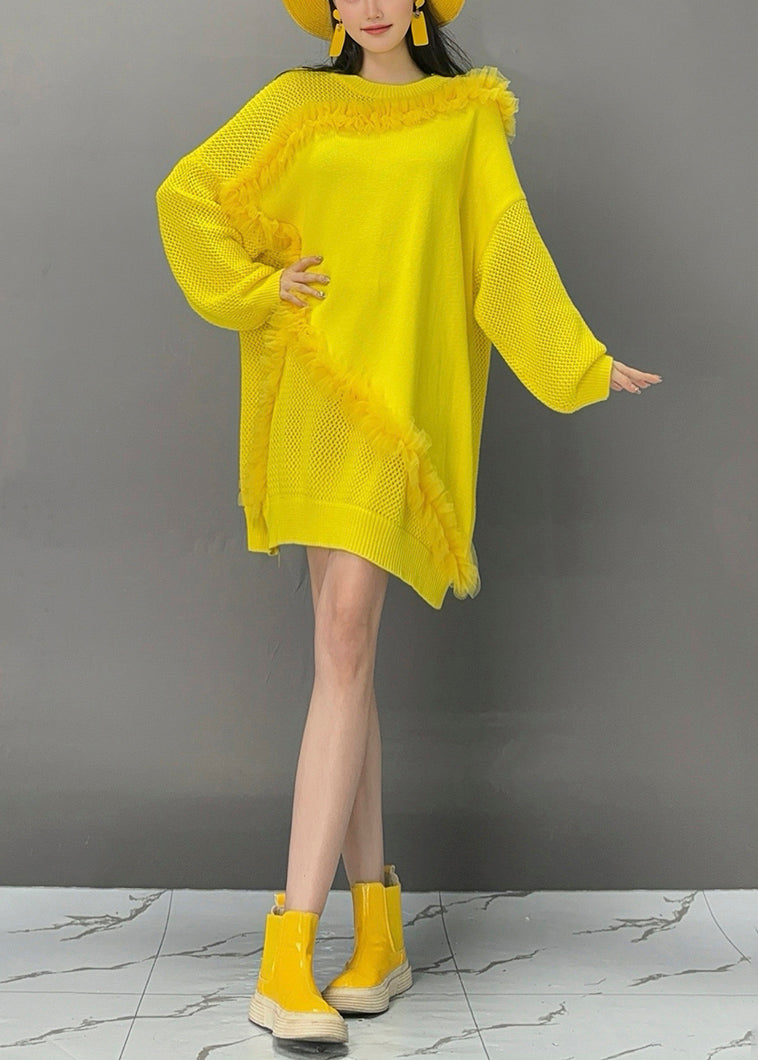 Stylish Yellow Ruffled Patchwork Sweatshirt Lantern Sleeve