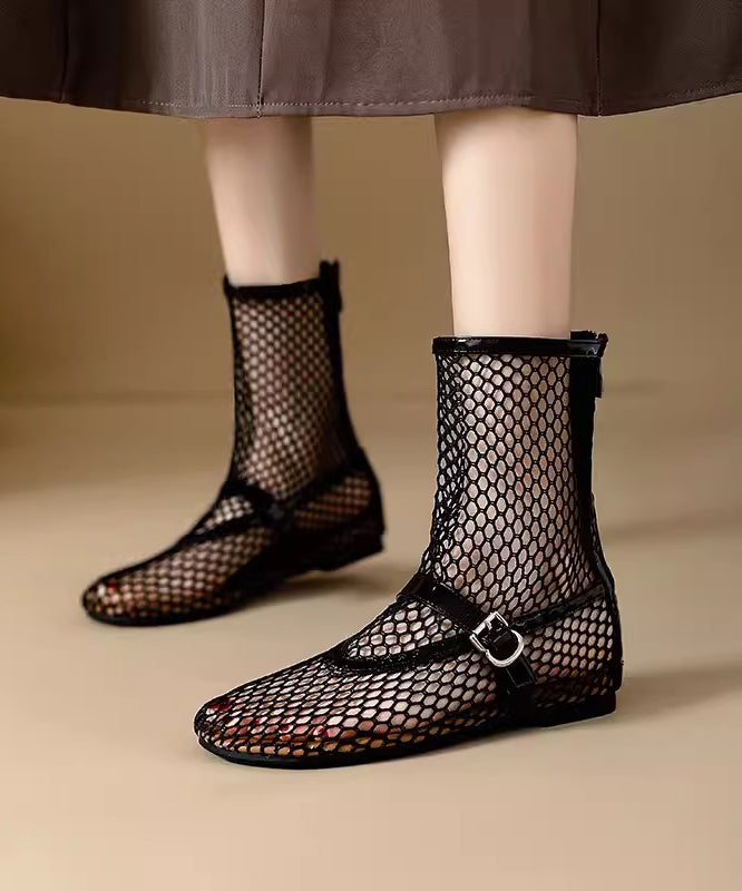 Out Boots Mesh Hollow Splicing Zippered Black Stylish Breathable