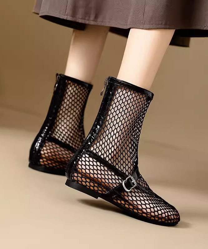 Out Boots Mesh Hollow Splicing Zippered Black Stylish Breathable