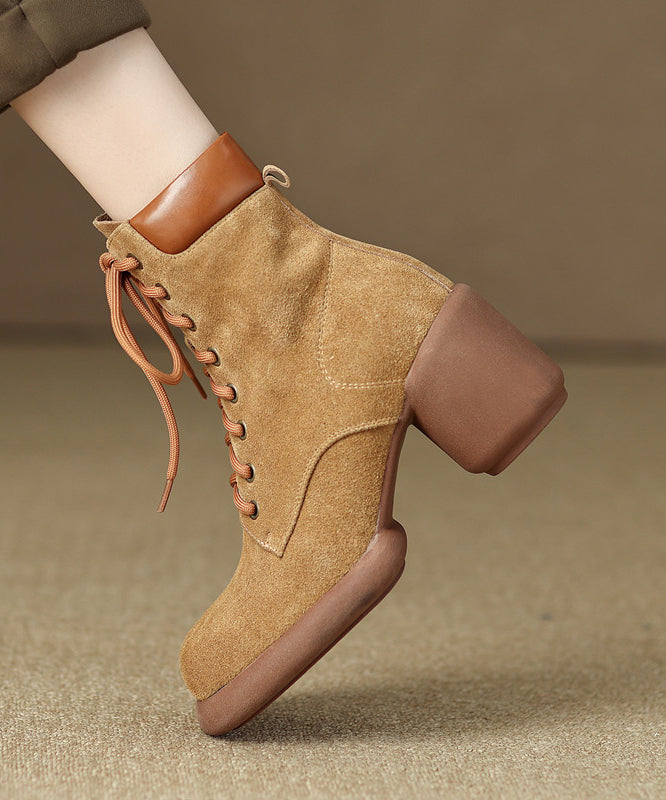 Suede Chunky Heel Boots Apricot Stylish Splicing Lace Up RD014