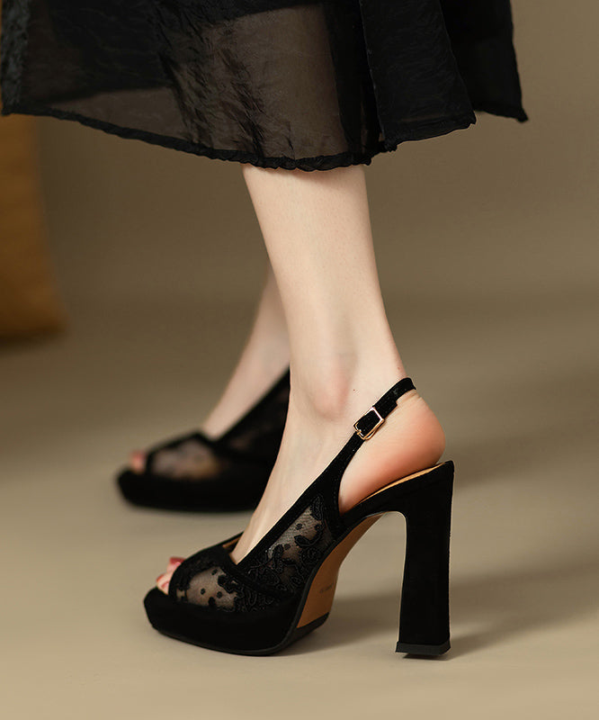 Embroidered Lace Suede Heels Black Sandals High Fashion