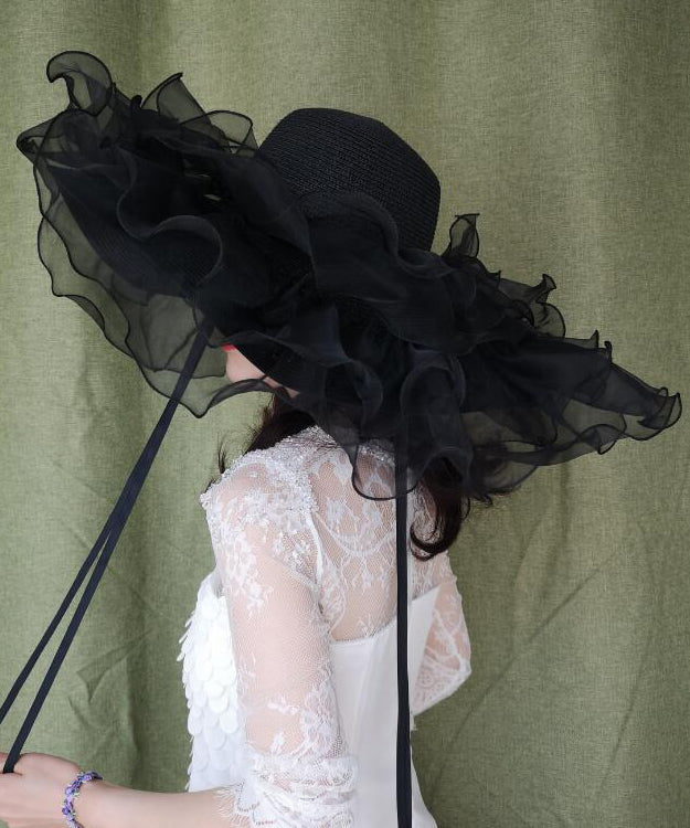 Summer Hat Organza Woven Big Black Brimmed Ruffled Straw
