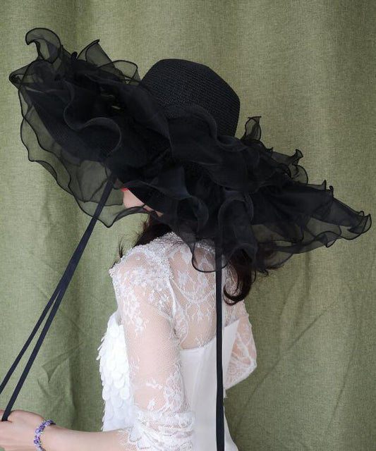 Summer Hat Organza Woven Big Black Brimmed Ruffled Straw