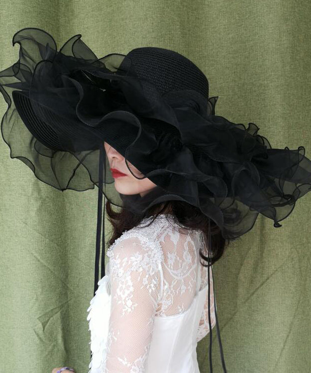 Summer Hat Organza Woven Big Black Brimmed Ruffled Straw