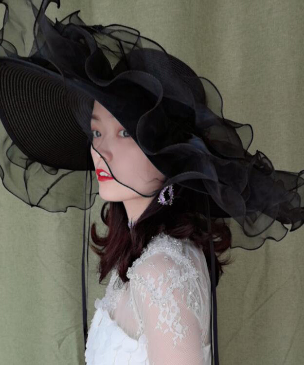 Summer Hat Organza Woven Big Black Brimmed Ruffled Straw
