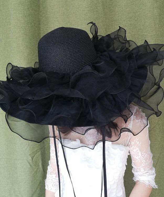 Summer Hat Organza Woven Big Black Brimmed Ruffled Straw